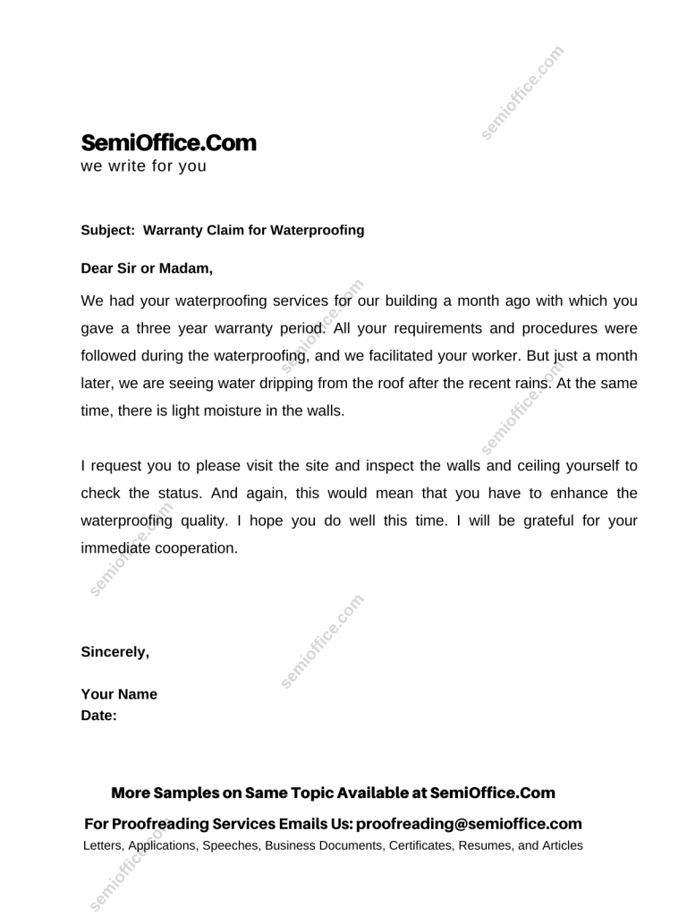 Warranty Claim Letter for Waterproofing of building, tank, floor, or boat etc.