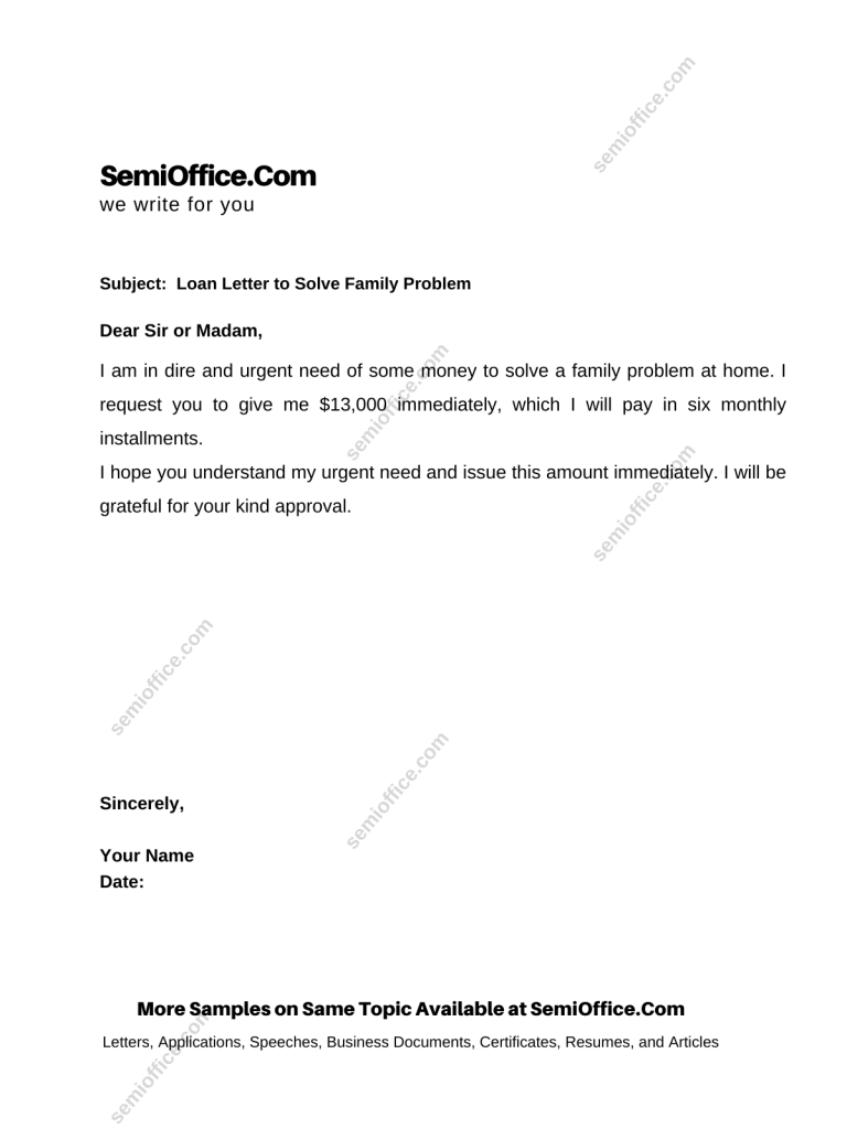 Personal Loan Request Letter application for family problem, domestic problem, personal use etc.